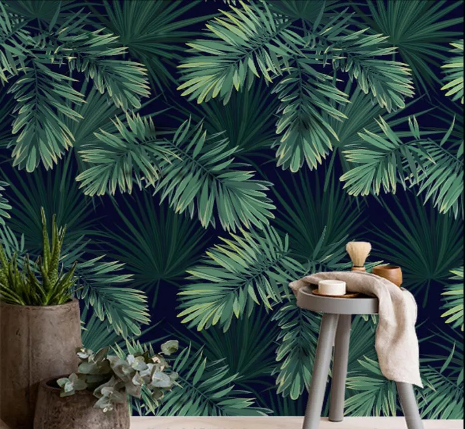 Green Plant Wallpapers bedroom TV background hotel restaurant Southeast Asia hand painted wallpaper custom wall canvas