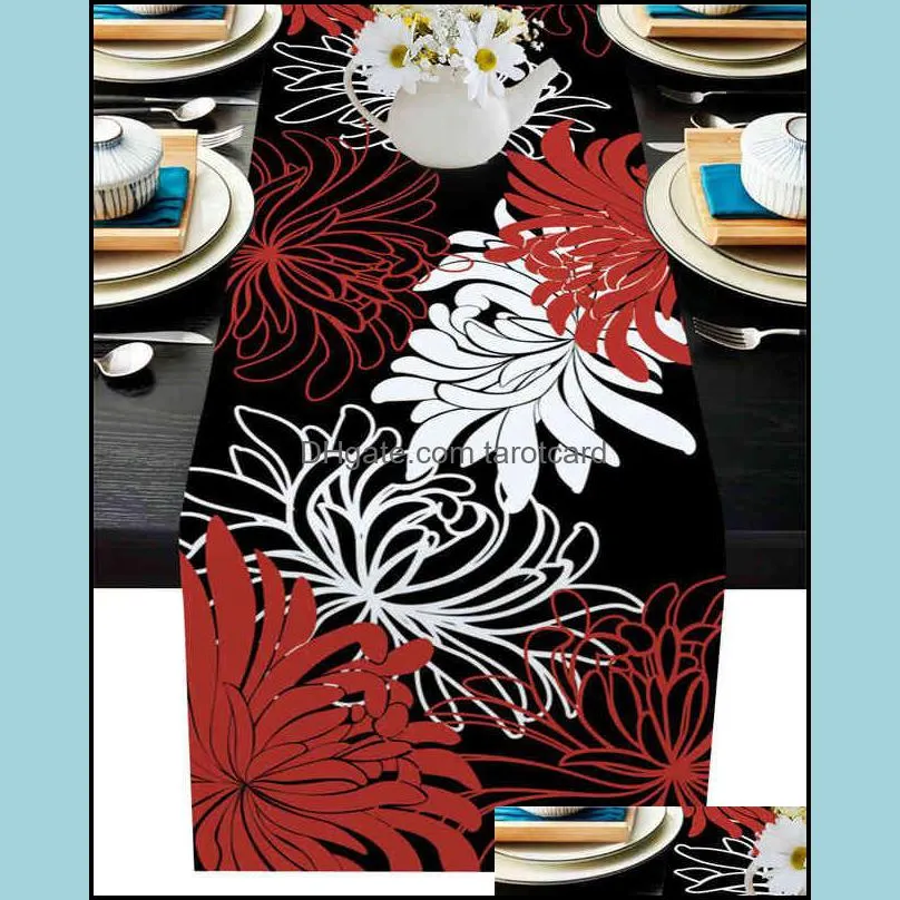 Tulip Flower Black And White Silhouette Table Runner Linen Cotton Table Flag Modern Party Wedding Decor Dinning Table Runners 220107