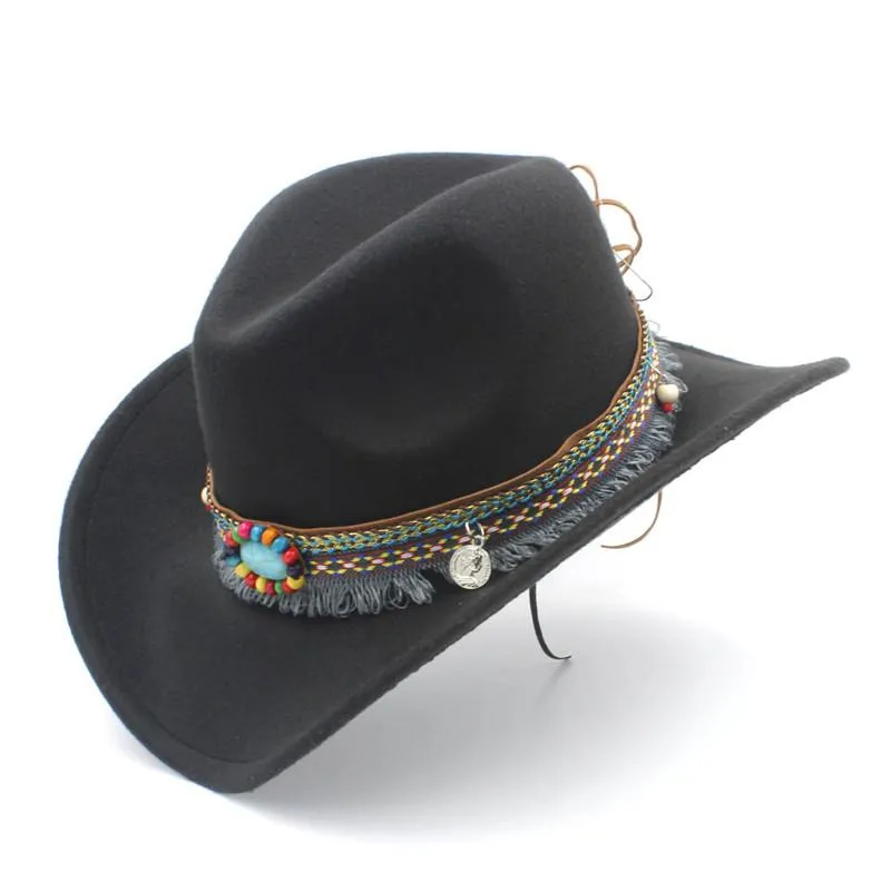 Cappello da cowboy occidentale di lana di bambino bambino con cintura di nappe per bambini cappello jazz cappello jazz cowgirl berretto da berretto 52-54 cm per 4-8 anni244q