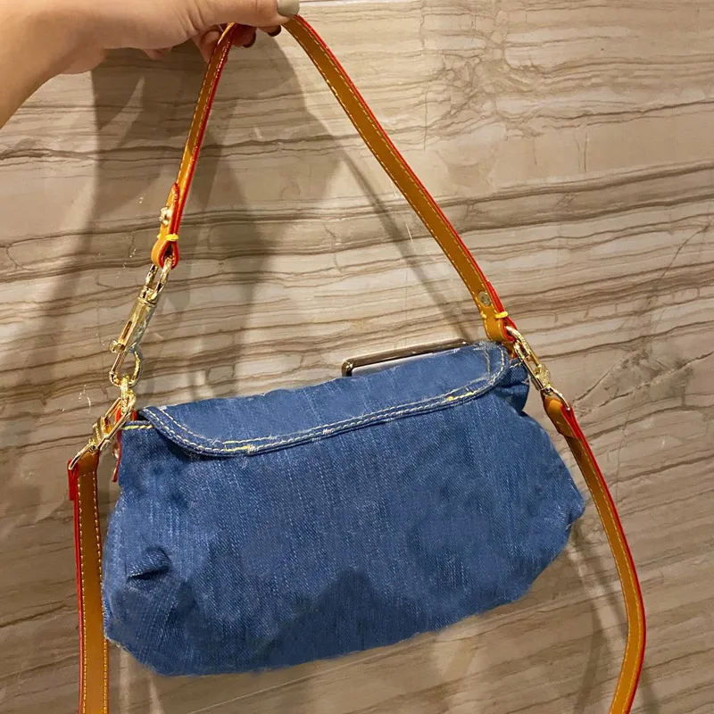 Denim Jeans Shoulder Bag Women Tote Handbag Purse Old flower print Camera Bag  Crossbody Bags Detchable Strap Flap Messenger Bags New