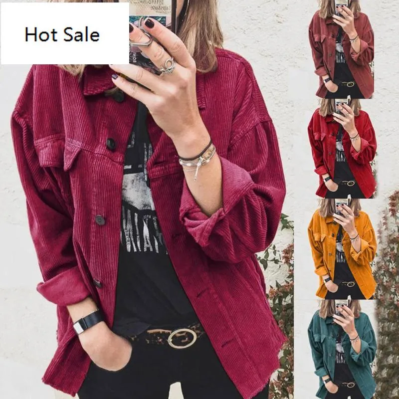 Giacca da donna Giacca in velluto a coste vintage autunno Camicia con risvolto a maniche lunghe allentata rossa Moda femminile Streetwear Outwear