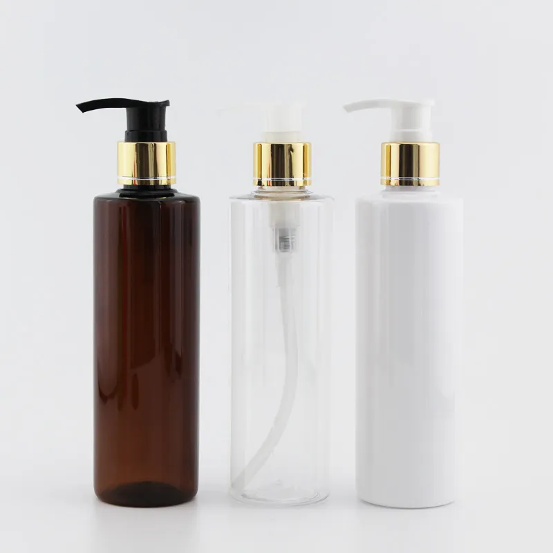 Bottiglia di plastica per pompa per lozione trasparente rotonda da 200 ml x 30 con pompa a vite in alluminio oro, bottiglie in PET da 200 cc fai da te