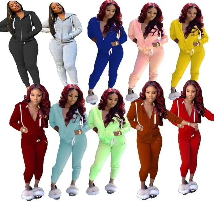 Kvinnor Jogger kostym Fall Winter Clothing Sweat Suits Hood Jacket Byxor Två Piece Set Outfits Långärmad Tracksuits Plus Size Sportswear 4085