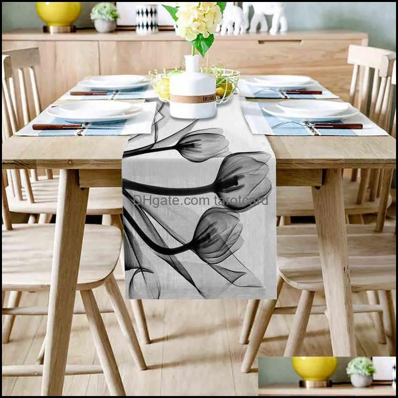 Tulip Flower Black And White Silhouette Table Runner Linen Cotton Table Flag Modern Party Wedding Decor Dinning Table Runners 220107