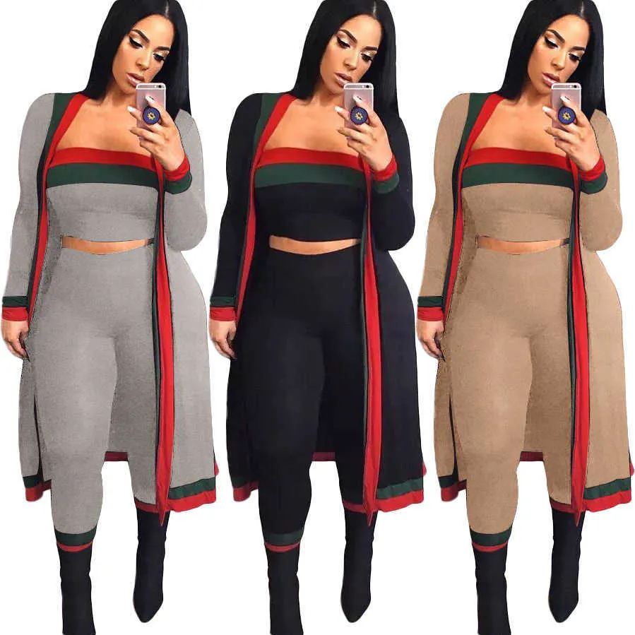 Primavera 2022 Novo Splicing Crop Top Top Wrap Apertado Stripe Mulheres Sexy Três Peça Set com casaco longo