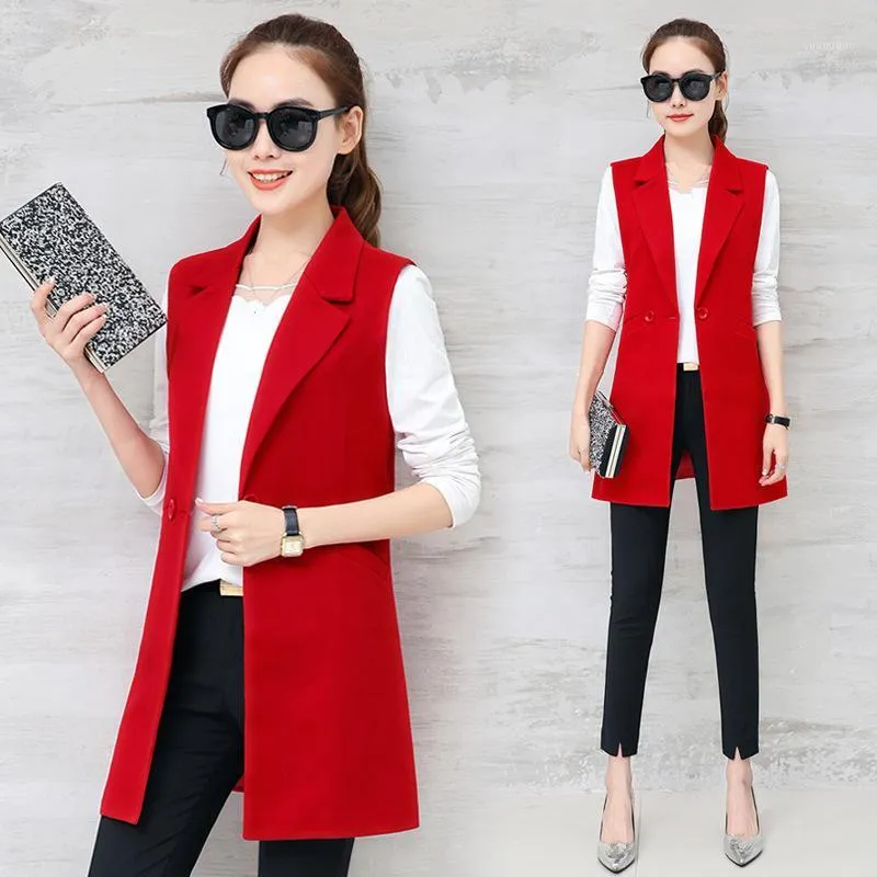 Autumn Sleeveless Blazer Vest 2018 Office Lady Long Vest Women Black Red Pocket Outwear Jacket Work Long Solid Waistcoat1