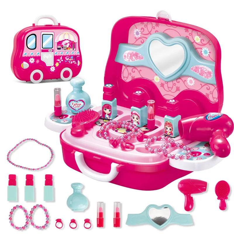 Faire semblant de jouer Kid maquillage jouets rose maquillage ensemble princesse coiffure simulation jouet en plastique pour filles maquillage valise jouets cadeaux LJ201009