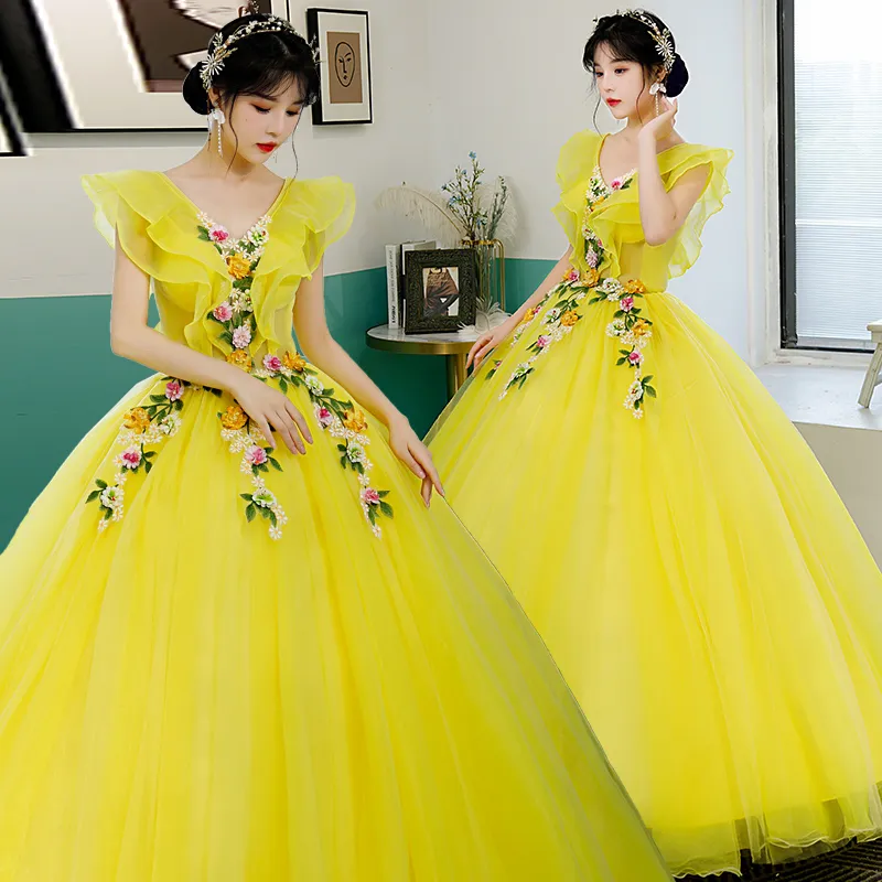 yellow applique embroidery theme costume ruffled sleeve ball gown Quinceanera vintage medieval dress Renaissance princess fairy costume Victorian