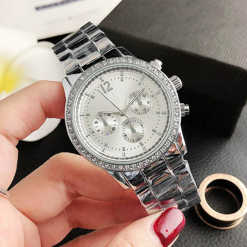 Brand wrist watch for women Girl 3 Dials crystal style Steel metal band quartz watches TOM32345C