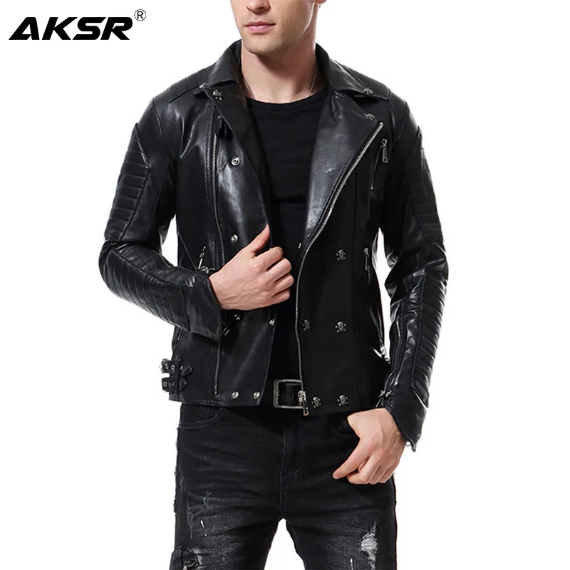 AKSR Nueva chaqueta de cuero para hombre Solapa Multi-Zipper Estilo punk Casual Slim Coat Motocicleta Cuero Faux Fur PU Chaqueta Hot M-5XL 201120