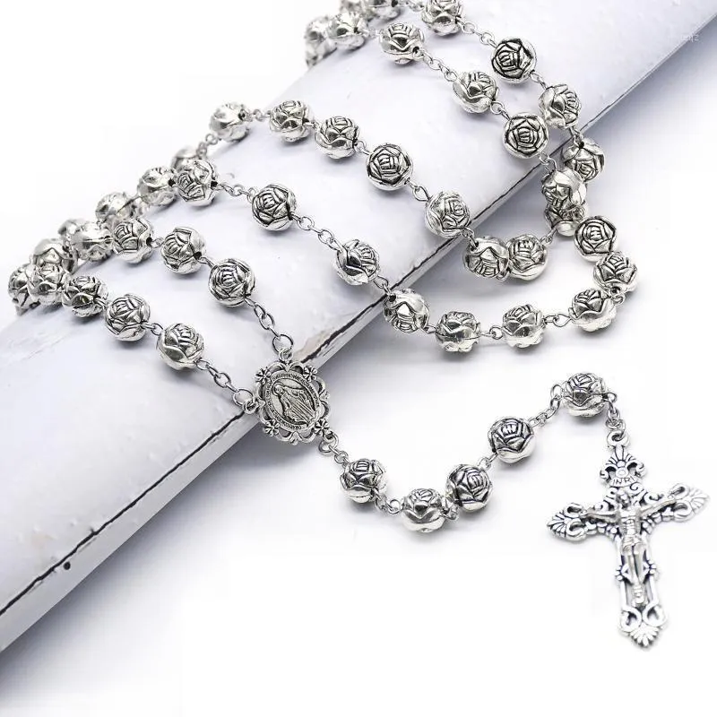Pingente colares 10mm rosário grânulos colar de cadeia de prata cor santamente jesus cruz para mulheres meninas religiosas religiosas oração jóias presente