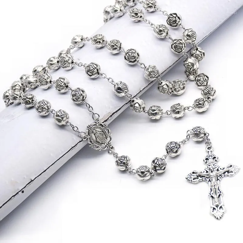 Pendentif Colliers 10mm Chapelet Perles Chaîne Collier Argent Couleur Saint Jésus Croix Pour Femmes Filles Religieux Chrétien Prière Bijoux Cadeau