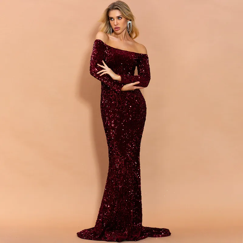 Sexy Off The Ramię Z Długim Rękawem Cekiny Sukienka Evening Maxi Dress Kobiety Bodycon Sukienka Marry 011907