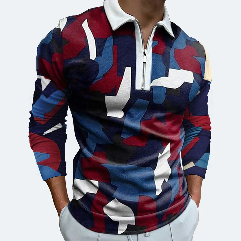 Spring and Autumn Breathable Quick Drying Color Digital Printing Men's Street Fashion Stitching Long-sleeve Polo Shirt Leisure l 220308