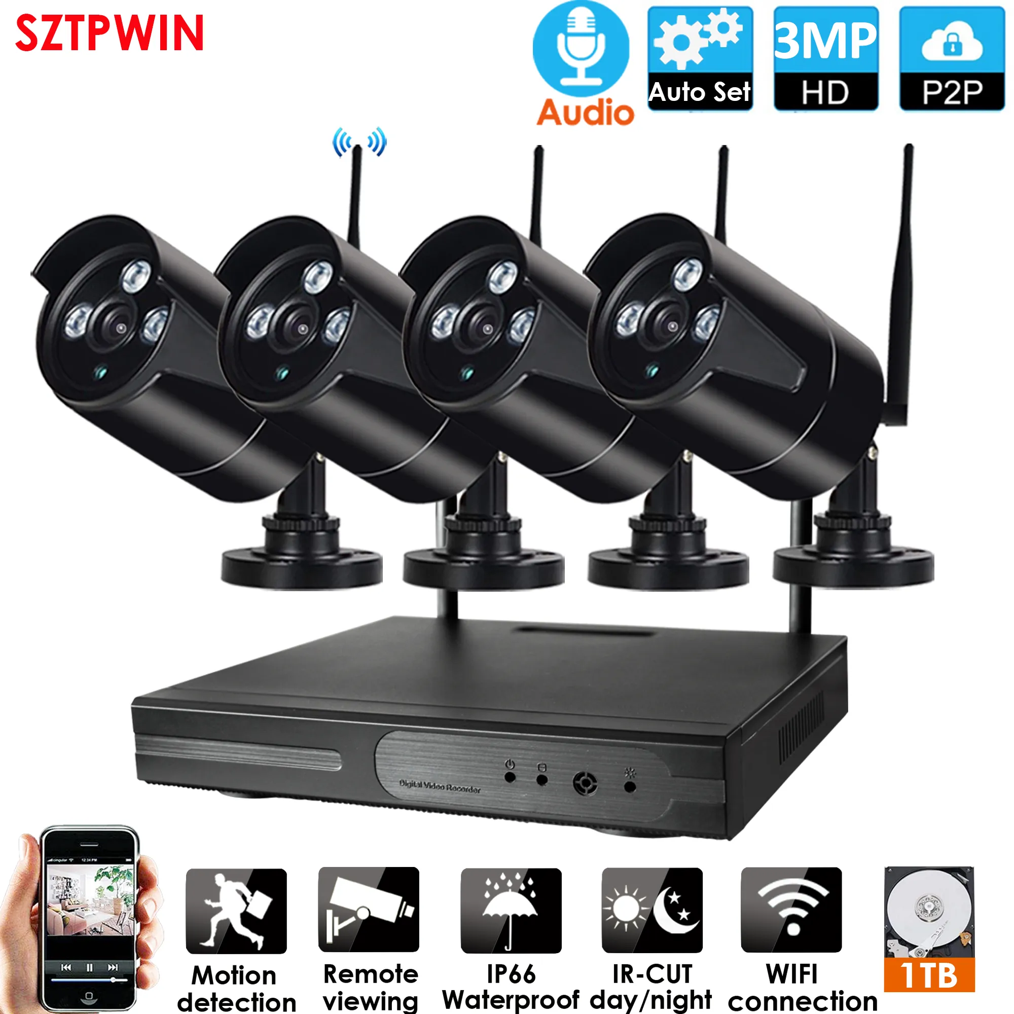 4CH 3.0mp Plug Inplay Audio CCTV-system Trådlöst 1080P NVR 4PCS 3.0MP IR Outdoor P2P WIFI IP CCTV Säkerhetskamera Systemövervakningskit