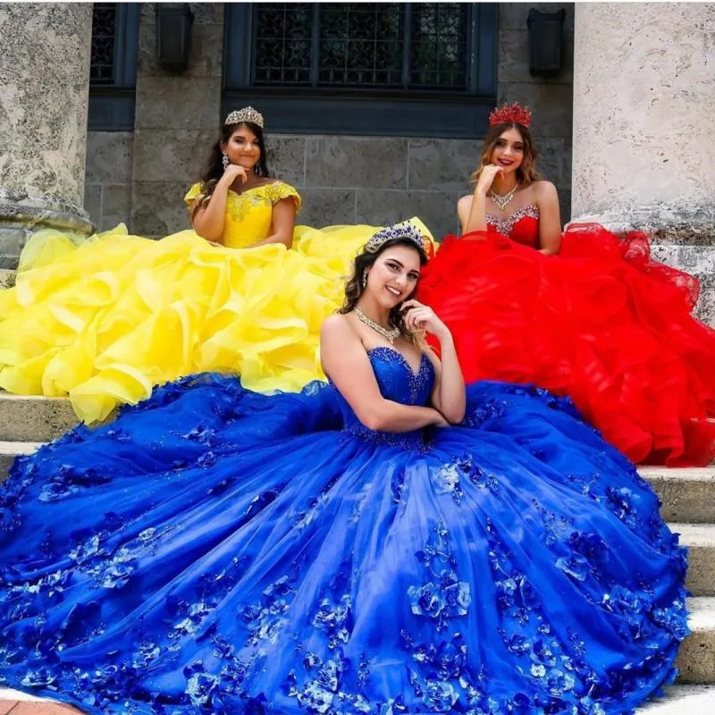 Robes de Quinceanera bleu Royal avec des fleurs 3D appliquées Corset dos perlé robe de bal doux 16 robe vestidos de xv a￱os