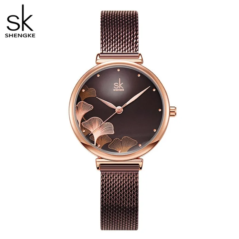 Shengke Design Damenuhren, elegant, 32 mm, Zifferblatt, Kaffee-Mesh-Band, Reloj Mujer, japanisches Quarzwerk, Luxus, Relogio feminino 211228