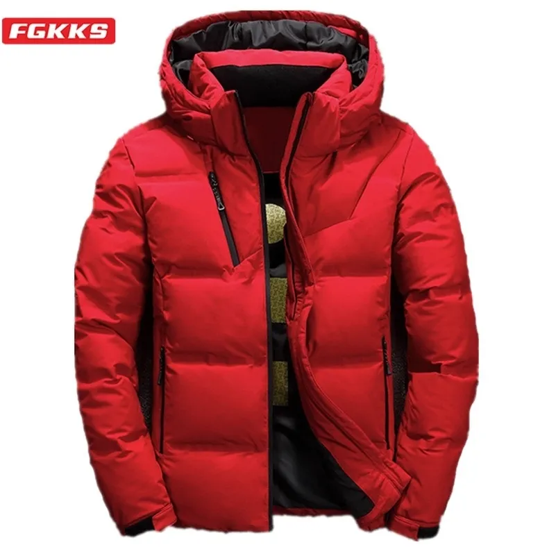 Fgkks qualidade marca homens para baixo jaqueta magro espessura quente cor sólida cor capuz casacos moda casual descendo jaquetas masculino 201204