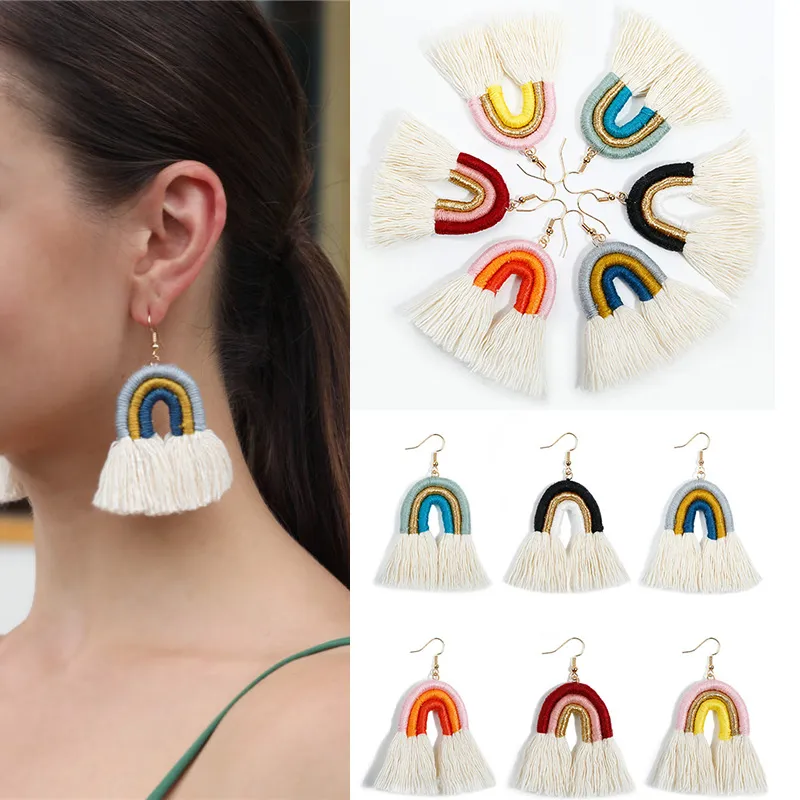 Bohème arc-en-ciel pompon boucles d'oreilles tissage chaîne balancent oreille anneau lustre manchette pour femmes bijoux de mode