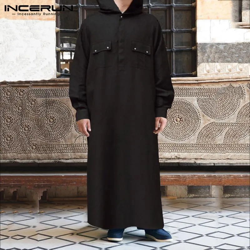 Incerun Fashion Islamic Muslim Kaftan Solid Hooded Long Sleeve Robes Abaya Saudi Middle East Men Clothing Jubba Thobe 5XL1329Q