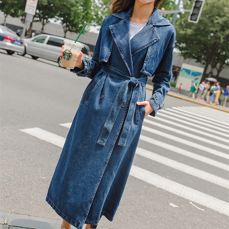 Denim Trench Coat For Women Autumn Loose Long Coat Women Double-Breasted Loose Jeans Trench Coat Windbreaker Manteau Femme C5635 T200828