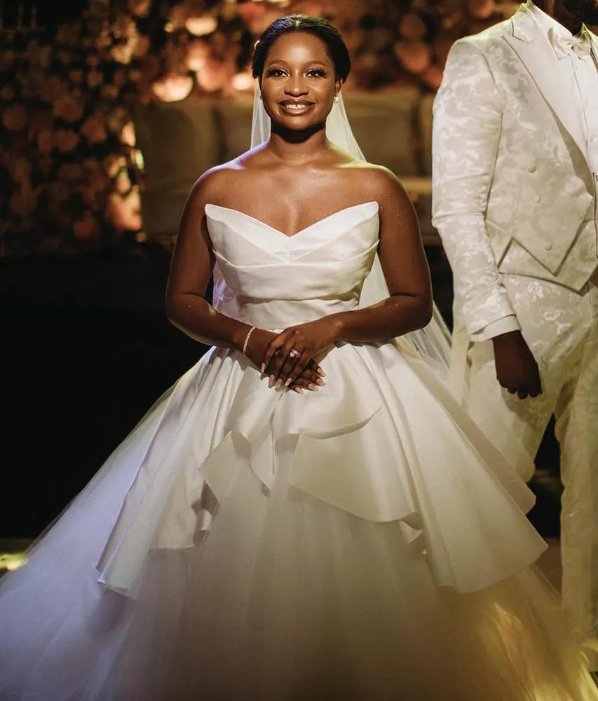 strapless pleated wedding dress Stacees Bridal Wedding Dress Delicate A-Line Strapless Pleated Satin Sweep Train Slit