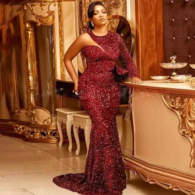 Arabic Aso Ebi Style Mermaid Evening Dresses 2022 One Shoulder Sweep Train Burgundy Sequins Plus Size Formal Prom Pageant Gowns Robe De Soiree PRO232