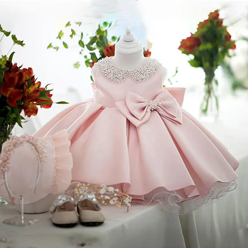 Abiti da ragazza Matrimonio bianco Raso Principessa Neonate Vestito Fiocco di perline Compleanno Sera Festa Infantile Per ragazza Gala Abbigliamento per bambini 2 8 10 anni