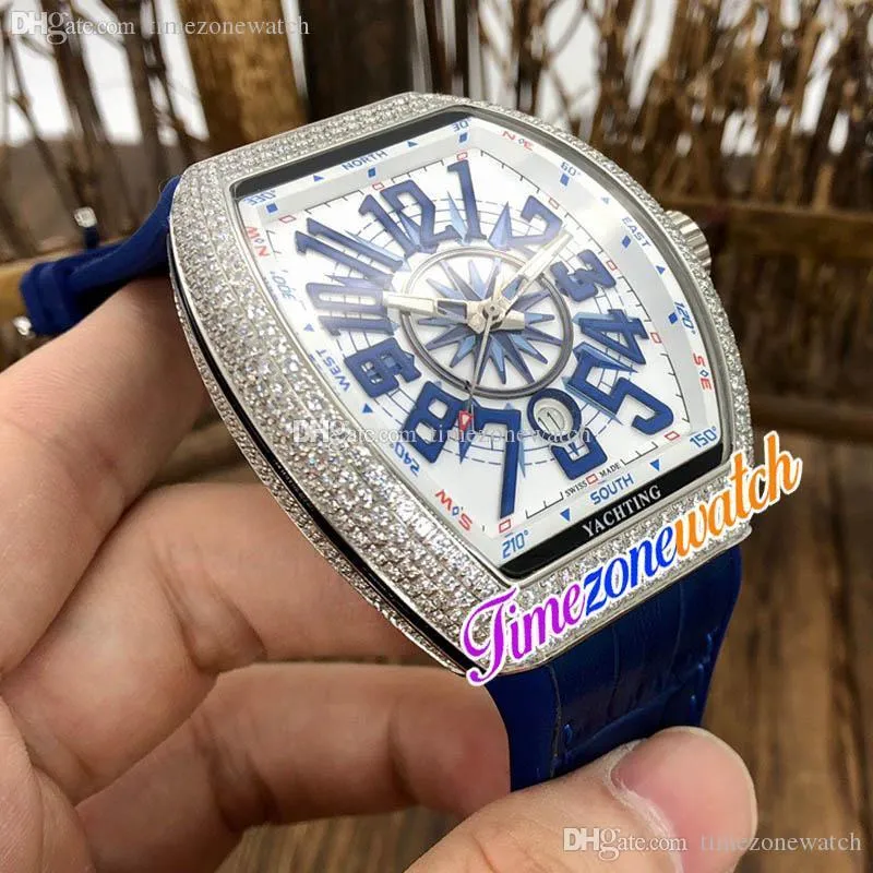 New 42mm Date Automatic Mens Watch Steel Diamond Case Blue Number White Dial Blue Leather Rubber Watches Timezonewatch TWFM E195c4