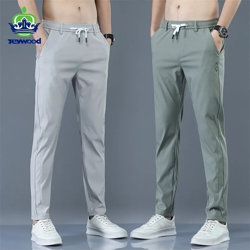 Men's Trousers Spring Summer Thin Green Solid Color Fashion Pocket Applique Full Length Casual Work Pants Pantalon 220311