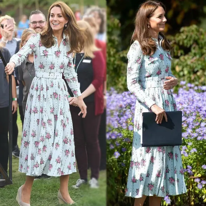 Kate Middleton Runway Hoge Kwaliteit Lente Herfst Nieuwe Dames Fashion Party Work Vintage Elegant Chic Flower Print Chiffon Jurk 201204