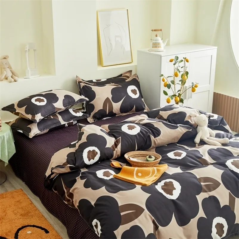 Automne Gris Literie Set Accueil Couette Cove 3 ou 4pcs / Set Drap plat Pastoral Fleur Literie Flora AB Côté Enfants Linge de lit Café 201021