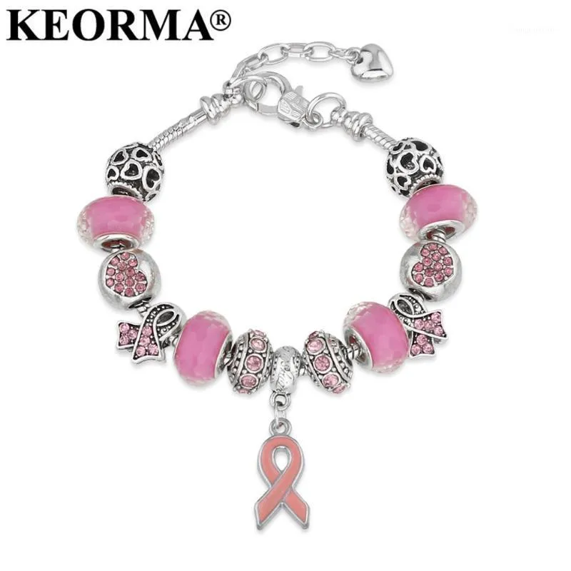 keorma乳がん啓発意識ピンクリボンペンダントハートスネークチェーン調整可能なチャームブレスレットバングル女性母の日Gift1