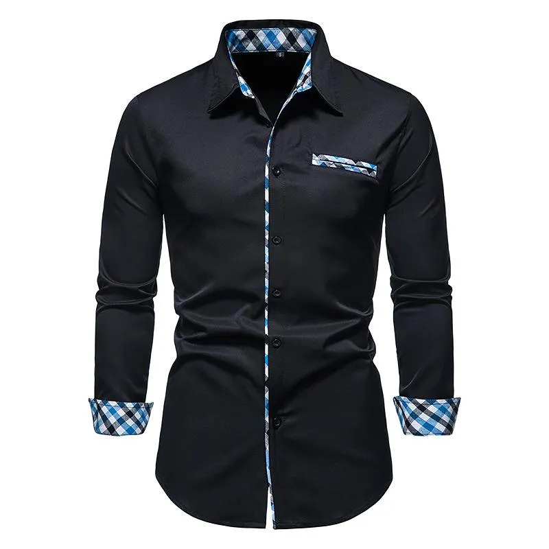 Mäns Casual T Shirts Parklees 2022 Höst Plaid Patchwork Button Up Svart Skjorta Män Slim Långärmad Klänning Formell För Kontorskemise Homme