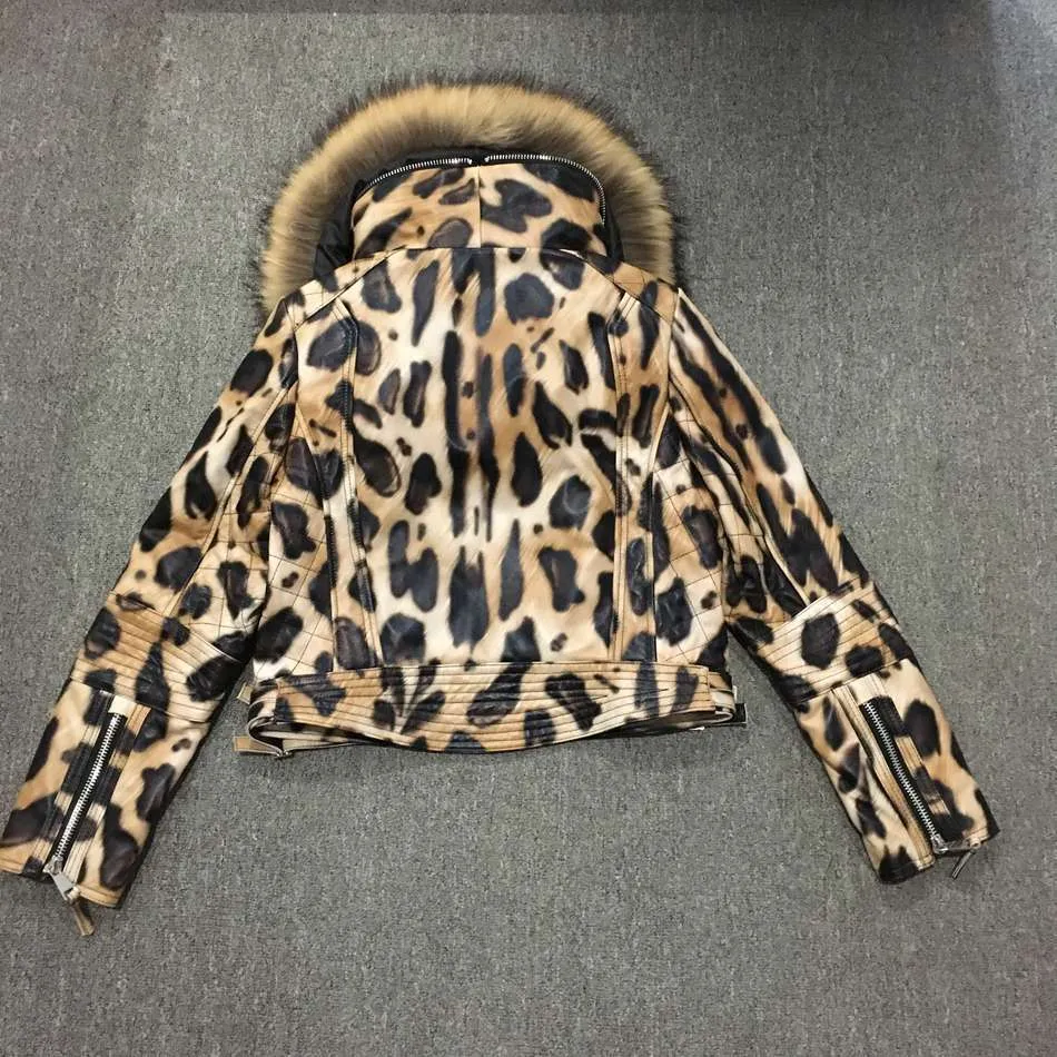 genuine leather jacket short with big raccoon fur collar (3)