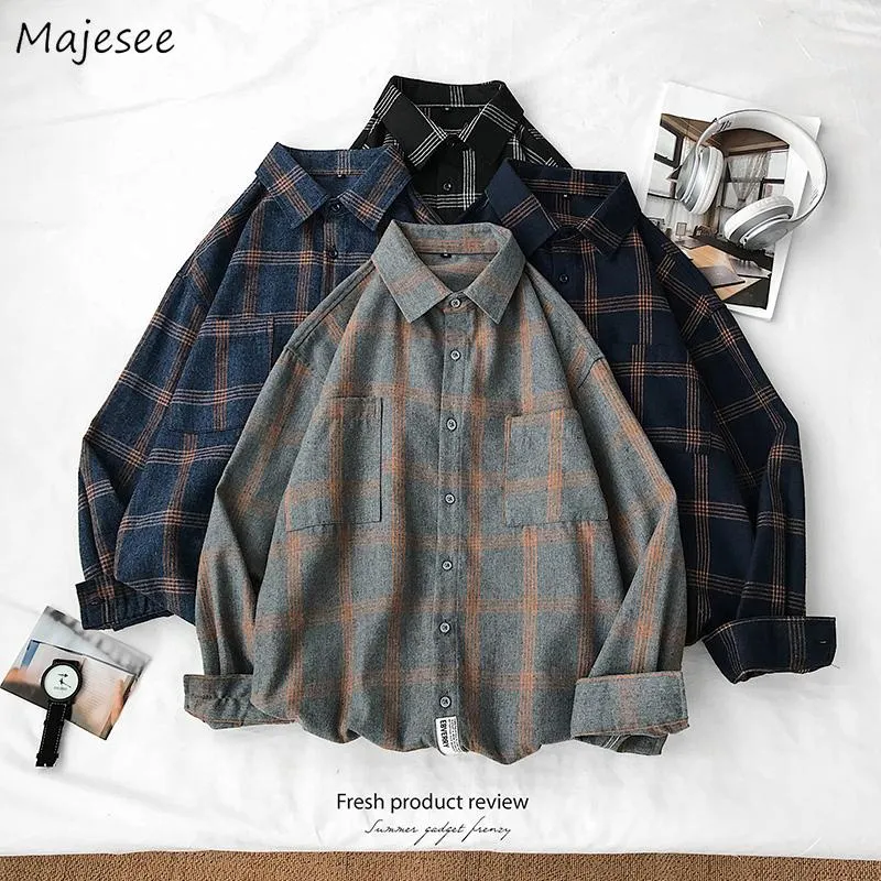 男性のシャツ長袖ターンダウンカラー大型5×10チェック柄韓国風ビンテージトレンディな緩い学生メンズオールマッチシックな新品