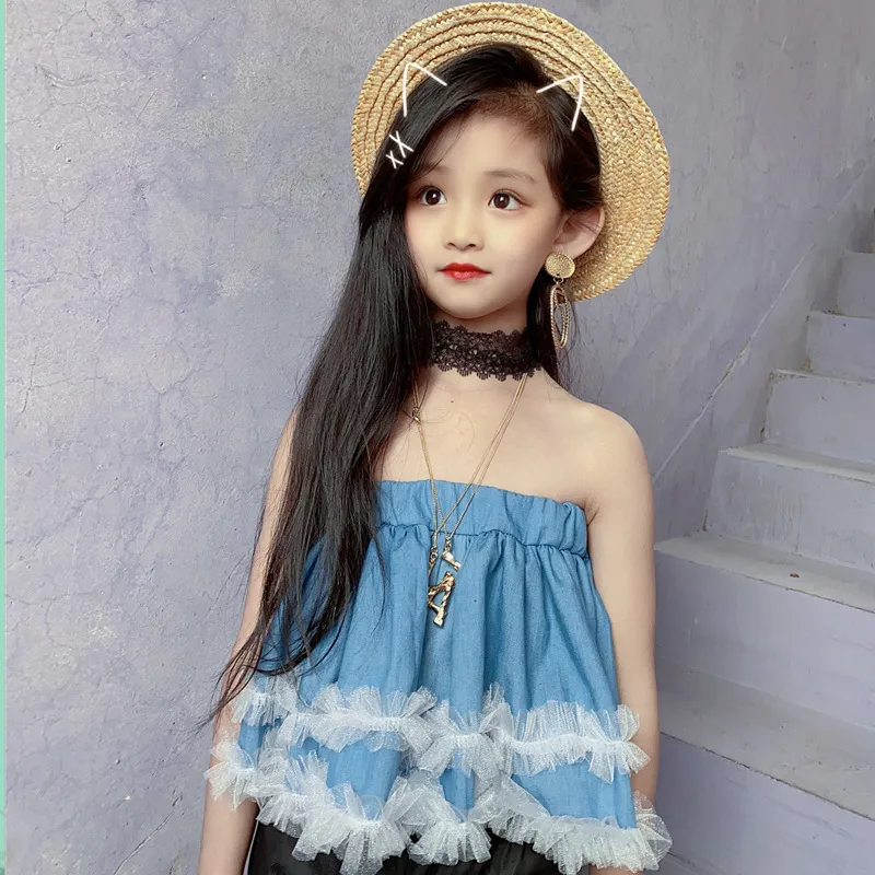 Spring and Summer Girls' Small Fragrance Style Suit New Wrapped Chest Top + Lace Lace Bell Pants Suit Children's Ladies