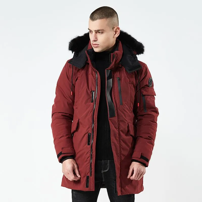 Mäns Ned Parkas Vinter Jacka Män 2021 Lång Tjock Varm Mens Parka Big Fur Hooded Badge Outwear Coats Whicken PU Läder Patchwork Windbr