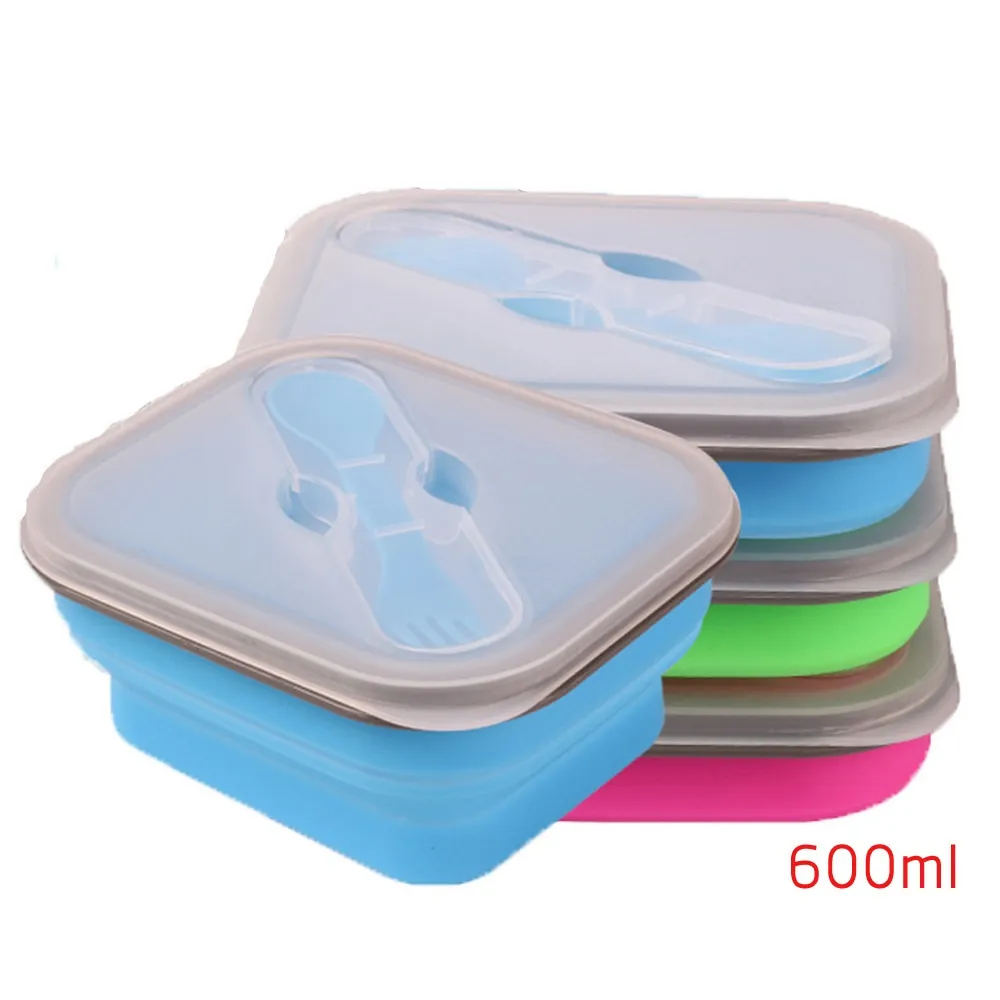 600ml silikon hopfällbar lunchlåda uppsättning bärbara bento lådor skål vikning picknickförvaring behållare lunchbox med sked