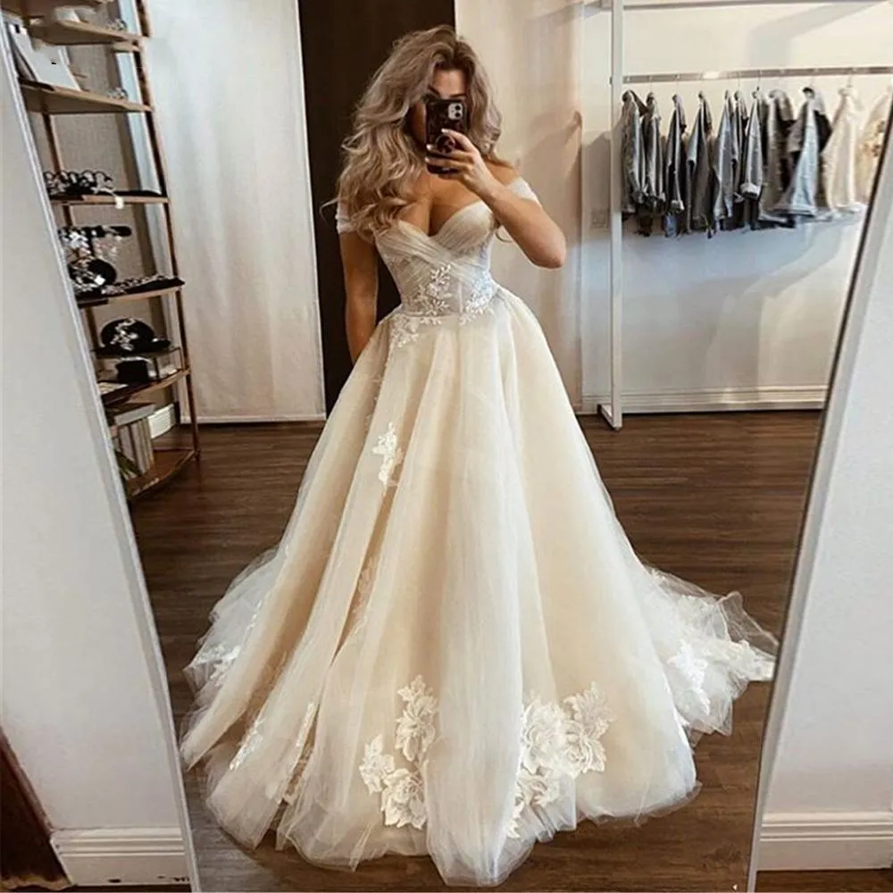 Princesse Design épaules nues robes de mariée fleur Appliques dentelle Tulle une ligne robes de mariée Corset dos vestido de noiva