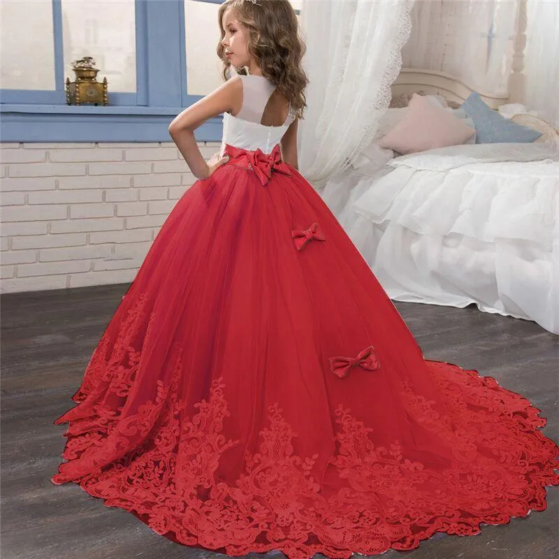 Vestido com flor e renda para meninas, vestido de princesa com