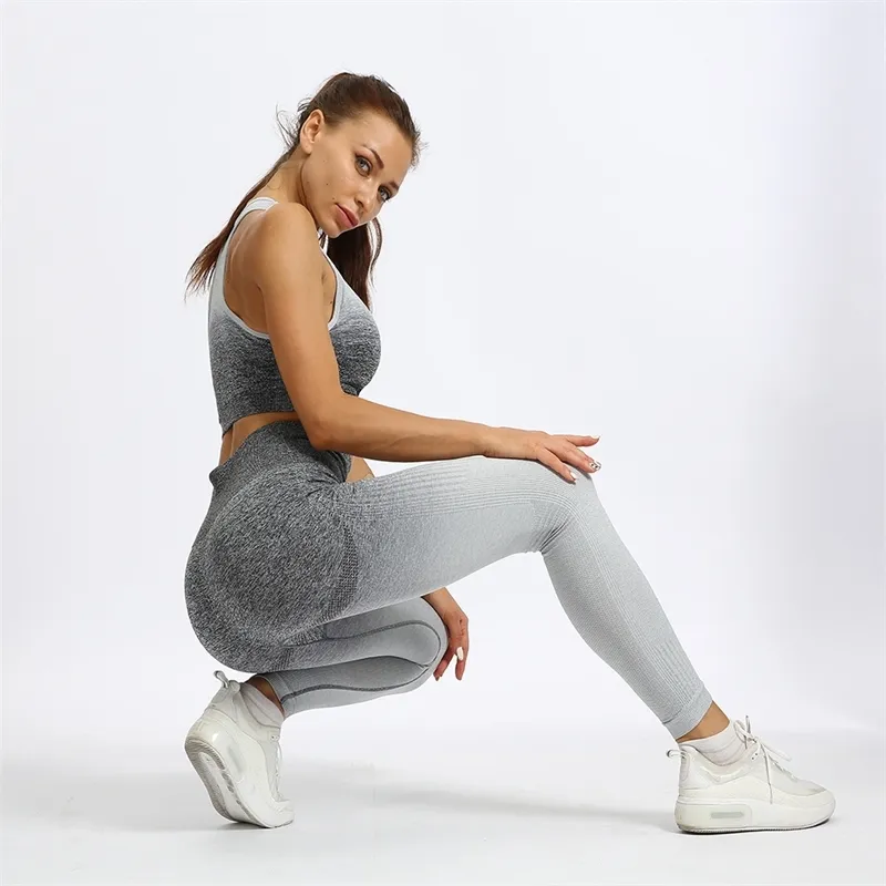 Gradient Nahtlose Yoga Set Anzug Weibliche Mesh Workout Kleidung Gym für Frauen Leggings Sport BH Atmungsaktiv Sportwear Frau Yoga Y200413