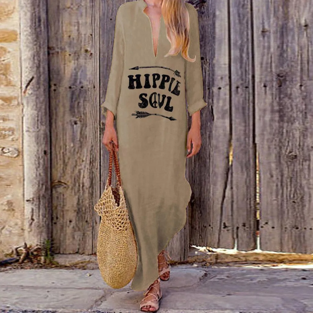 Drukowane pełne rękaw V-Neck Długa sukienka Jesień Baggy Kaftan Casual Luźne Dresses Kobiety Moda Streetwear Dress Vestidos 200928