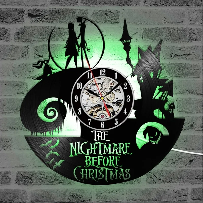 Vintage Vinyl Record Wall Clock with 7 LED Lighting The Nightmare Before Christmas LED Wall Clock Art Hanging Watch Home Decor Y200109