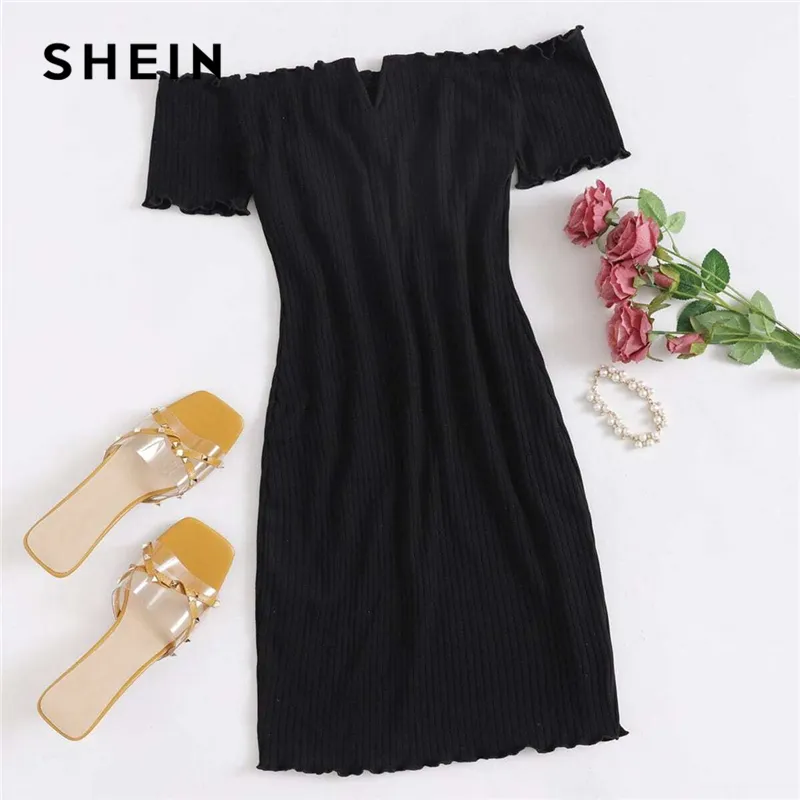 Shein Black Off Off Ombro Night Night Grupo Trim Rib Knit Lápis Vestido  Mulheres Verão Manga Bodycon Casual Vestidos Curtos Q1229 De $141,32