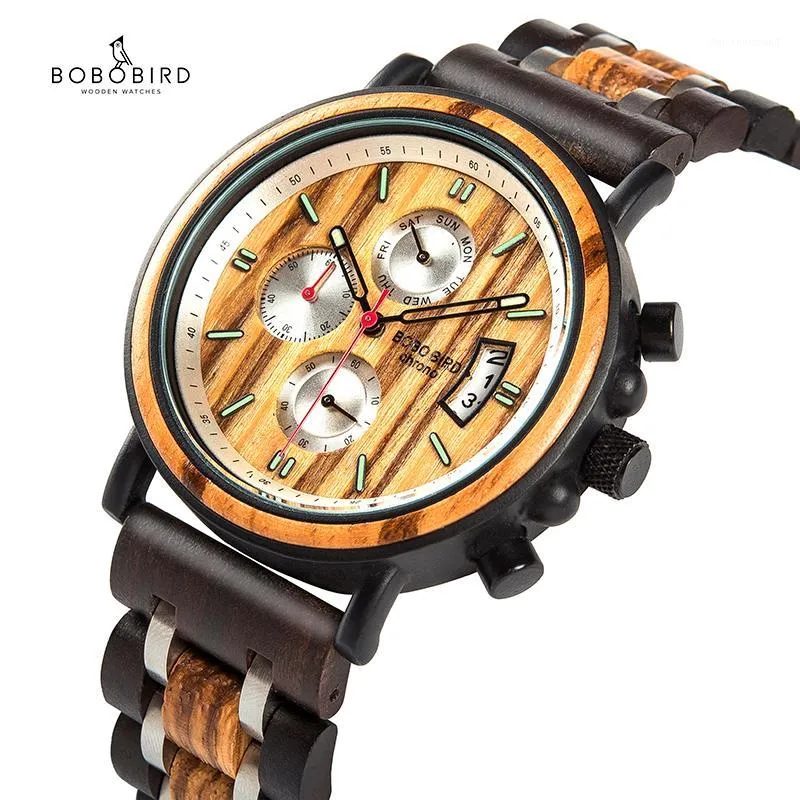 Bobobird Wood Watch Men Datum Display Lysande hand Multifunktion Kronograf armbandsur Reloj Hombre med trälåda L-S181