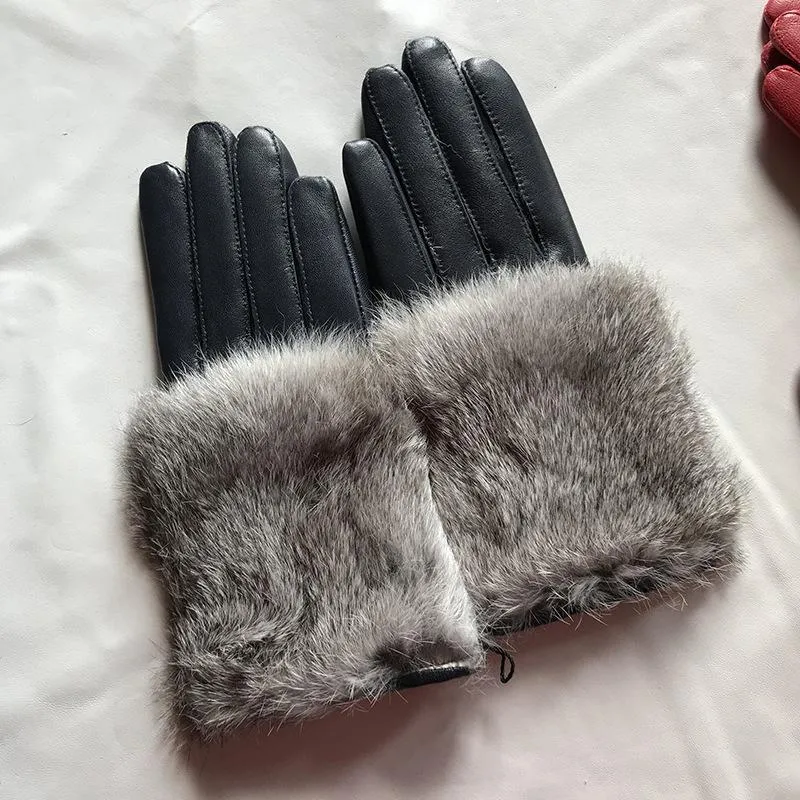 Women's autumn winter thicken warm fur genuine leather glove female natural leather slim riding driving glove