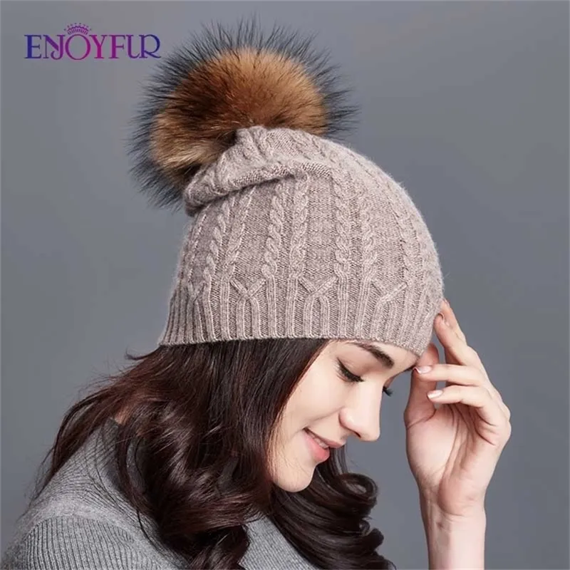 Enjoyfur hiver chapeaux pour femmes Twist-type cachemire tricoté chapeau femme bonnets fille gorro mode épais chaud pompon casquettes Y201024