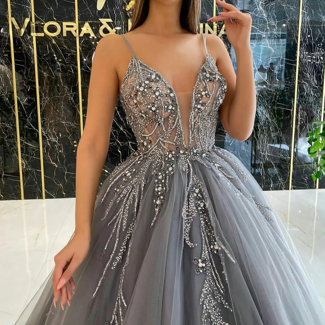 Custom-made Grey Lace Sequin Beaded A-Line prom dress... Custom-made Grey Lace Sequin Beaded A-Line prom dress...