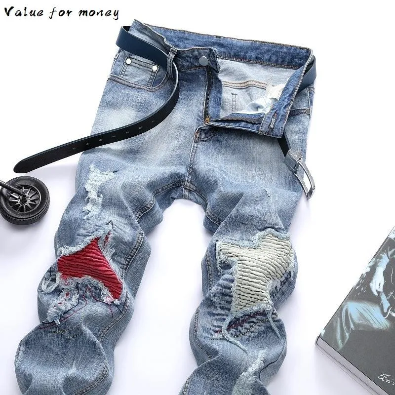 Jeans Vintage Men Clothing Hiphop Streetwear Distressed White Medium Moustache Effect Casual High Fashion Pants